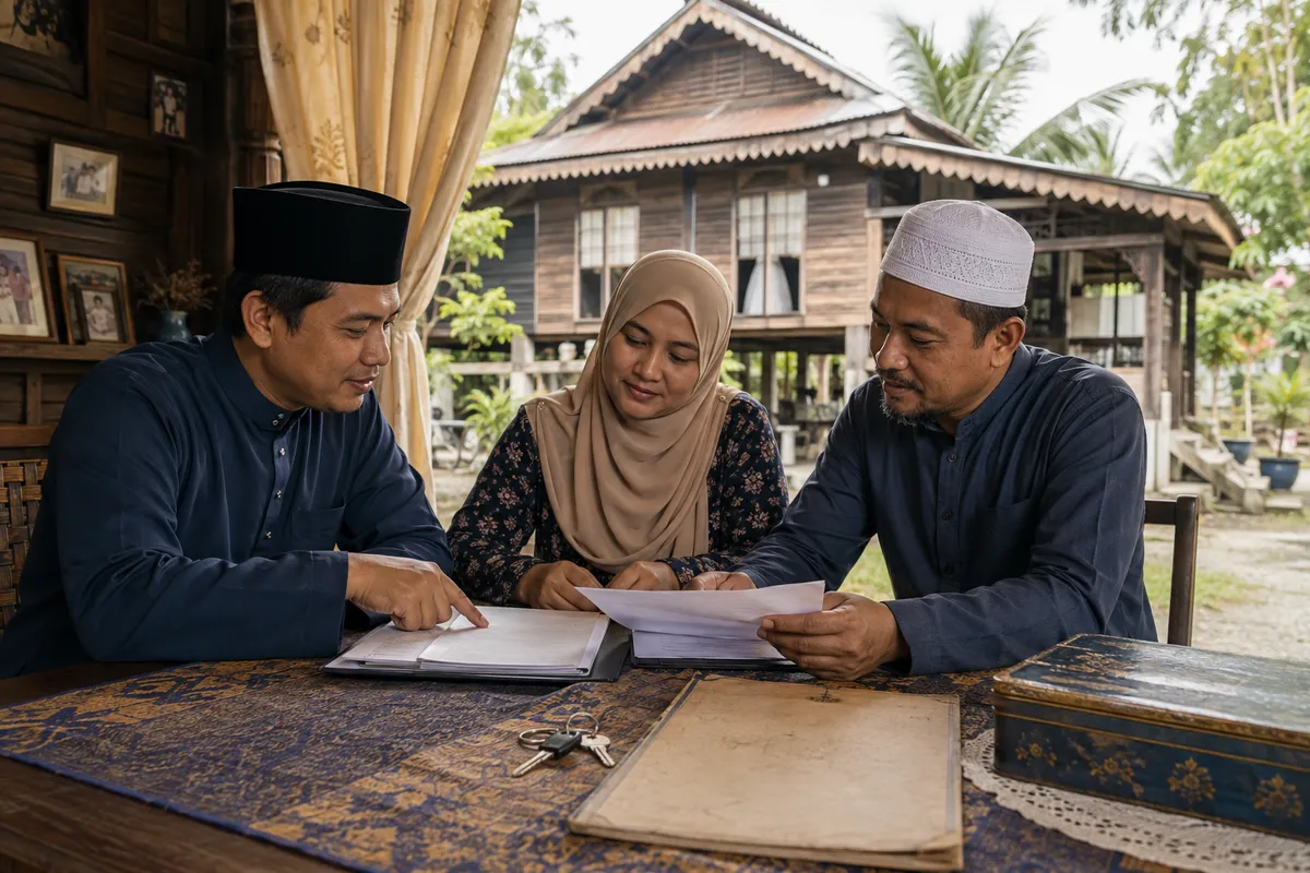 Tiga waris berbincang dan menyemak dokumen rumah pusaka di rumah kampung