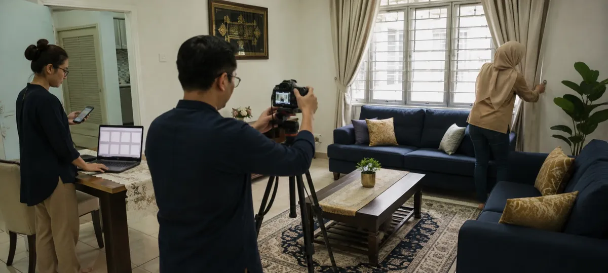 Ejen mengambil foto rumah sementara pasukan menyediakan bahan pemasaran