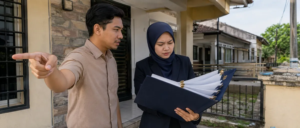 Pembeli dan peguam menyemak status geran serta sekatan hartanah sebelum tawaran