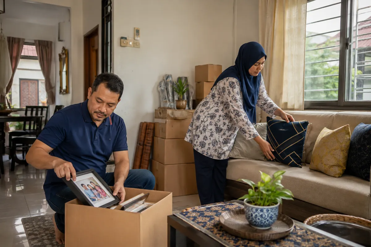 Suami isteri mengemas ruang tamu dan menyimpan gambar peribadi sebelum sesi viewing