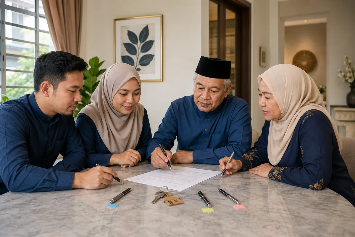 Empat pemilik bersama menyemak dokumen dan keputusan jualan rumah