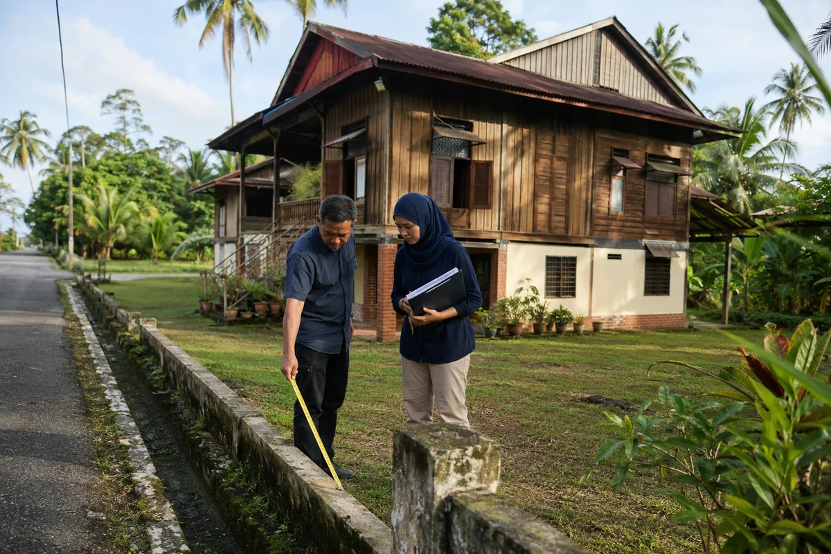 Pemilik dan ejen memeriksa sempadan tanah serta keadaan sebuah rumah kampung lama