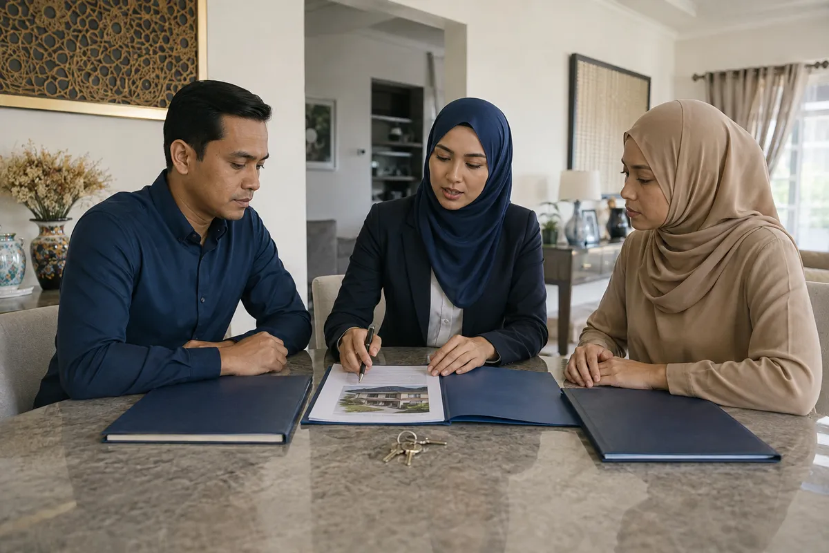 Bekas pasangan menyemak dokumen jualan rumah bersama seorang profesional hartanah