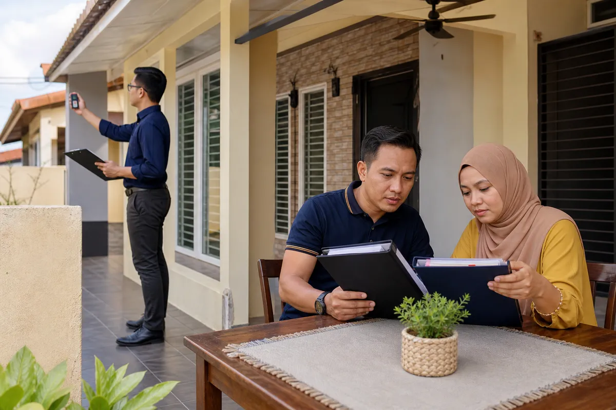Penilai bank memeriksa rumah ketika pemilik membandingkan dokumen penilaian