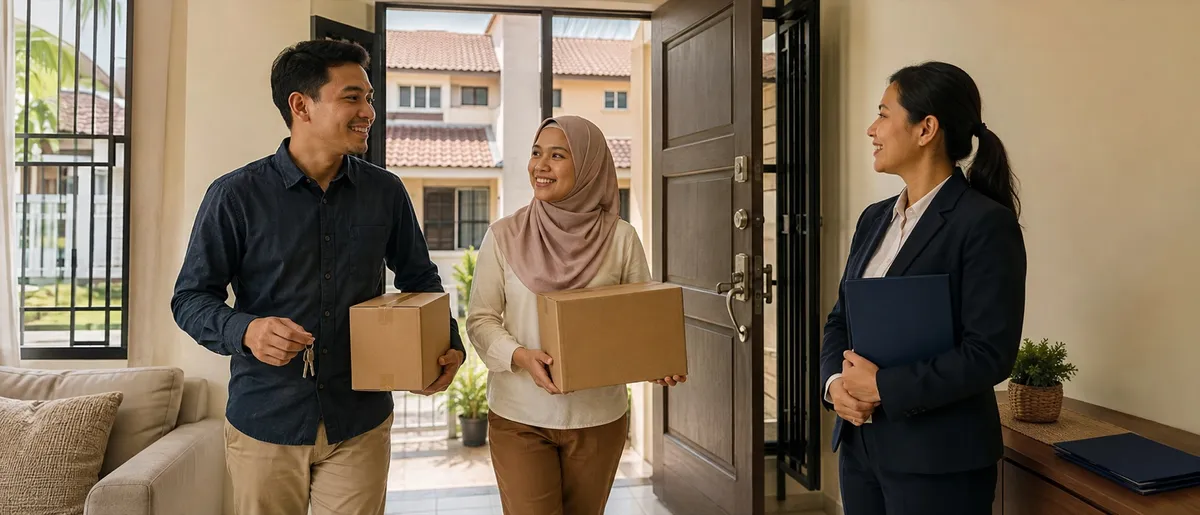 Pasangan membawa masuk kotak selepas selesai menerima kunci rumah baharu