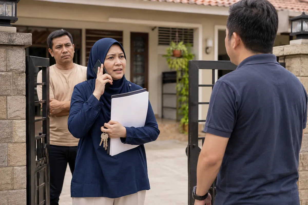 Pemilik mengurus panggilan, dokumen, kunci dan saringan pembeli sendiri di pagar rumah