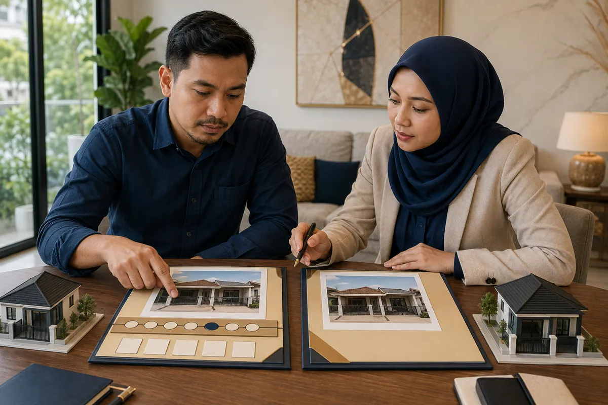 Pemilik dan ejen membandingkan dokumen dua rumah leasehold dan freehold