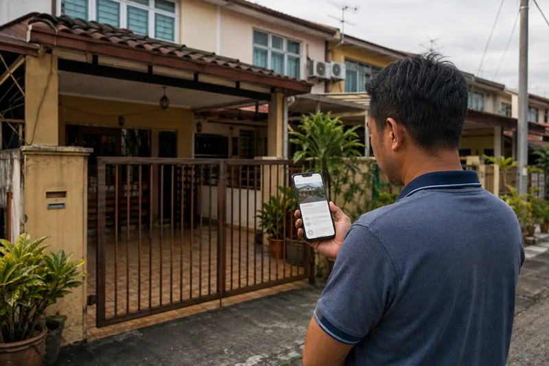 Pemilik rumah memeriksa iklan rumah teresnya yang masih belum terjual melalui telefon