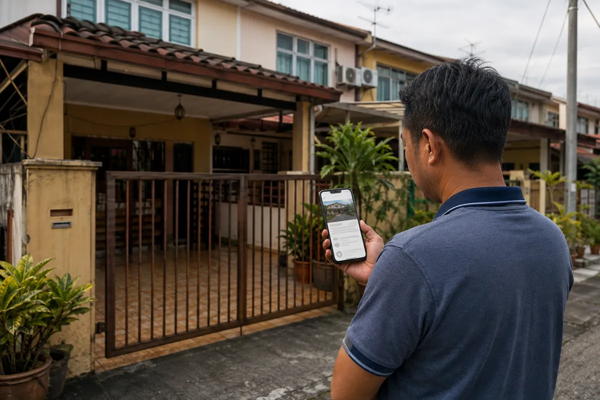 Pemilik rumah memeriksa iklan rumah teresnya yang masih belum terjual melalui telefon